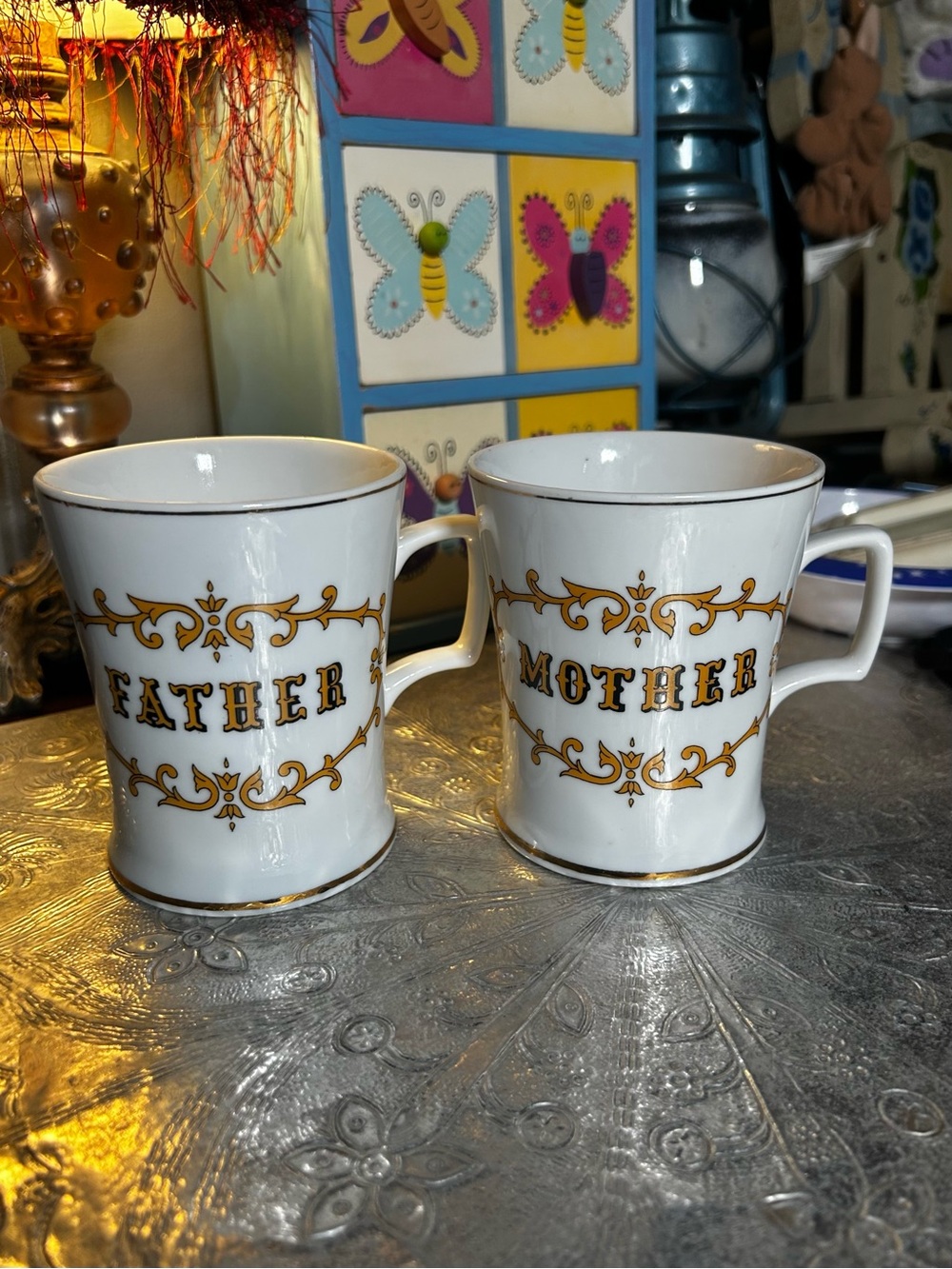 Vintage Knobler Porcelain Mugs w/ Distinctive Gold Filigree Mother/Father Set